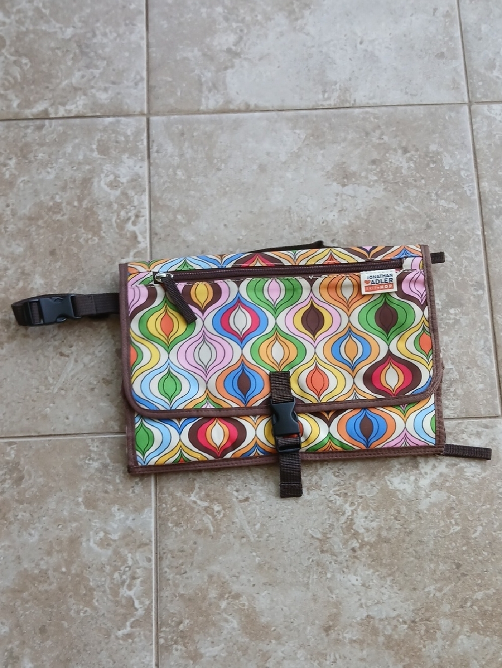 Jonathan Adler Colorful Geometric Pattern Baby Bag with Brown Trim